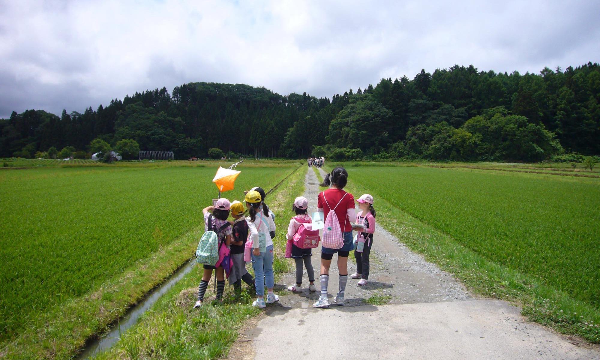 農道を歩く高館山少年教室の仲間たち